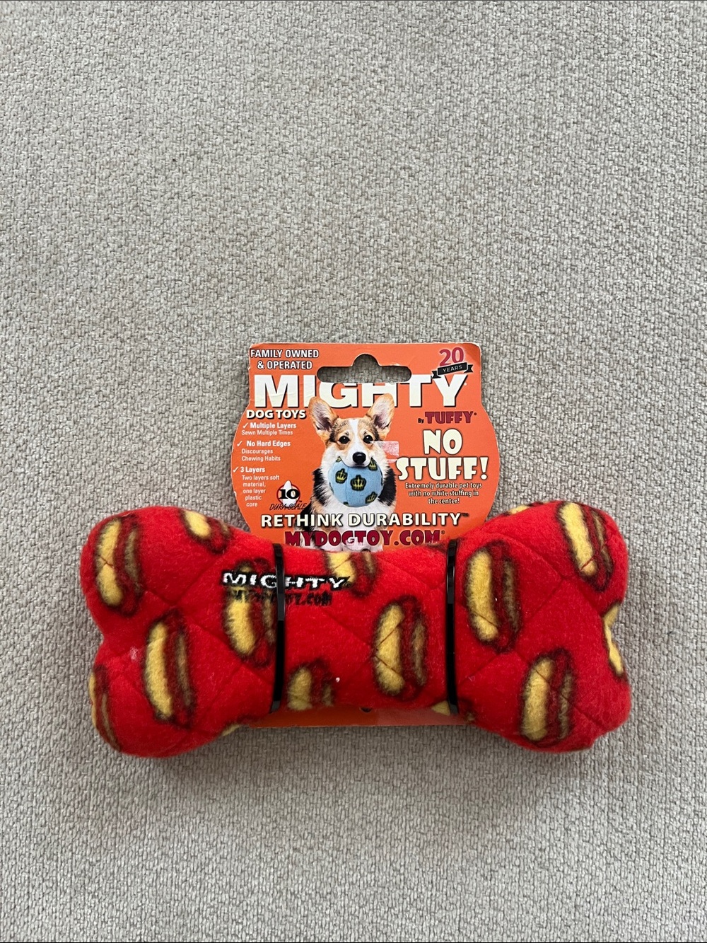 Mighty Tuffy Red Hot Dog Print Plush Bone Dog Toy